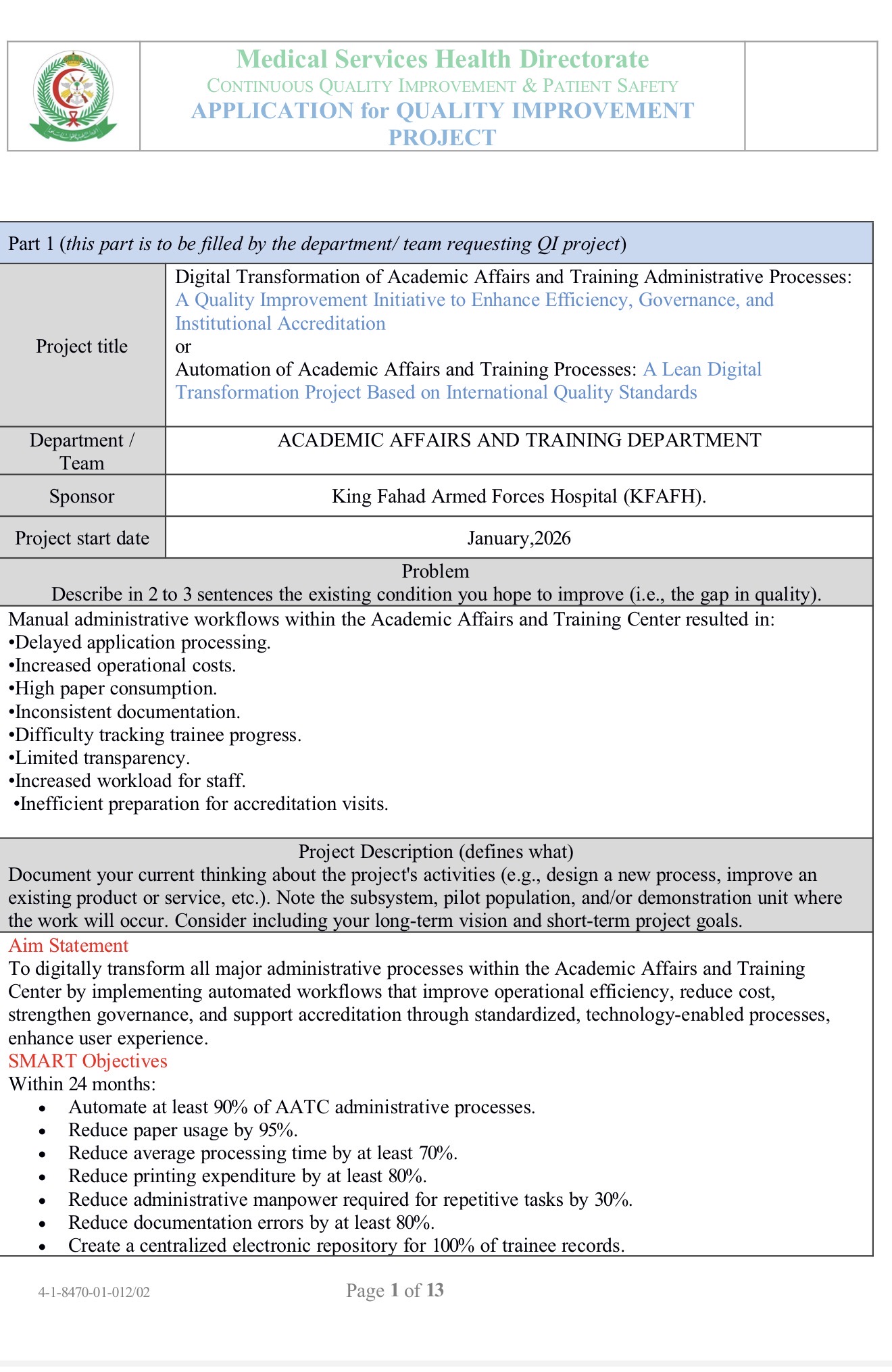 Original quality improvement project application, page 1 of 13